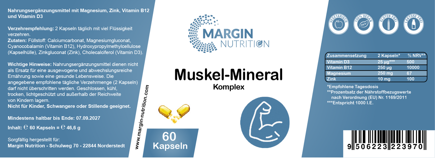 Muskel-Mineral Komplex / Mit Magnesium, Zink, Vitamin B12 und Vitamin D3 (30, 60, 2x60, 3x60 Vegane Kapseln)