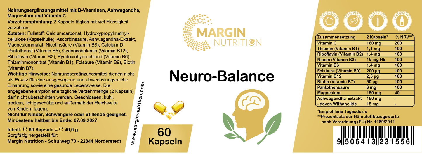 Neuro-Balance / Mit allen 8 B-Vitaminen, Ashwagandha, Magnesium und Vitamin C (30, 60, 2x60, 3x60 Vegane Kapseln)