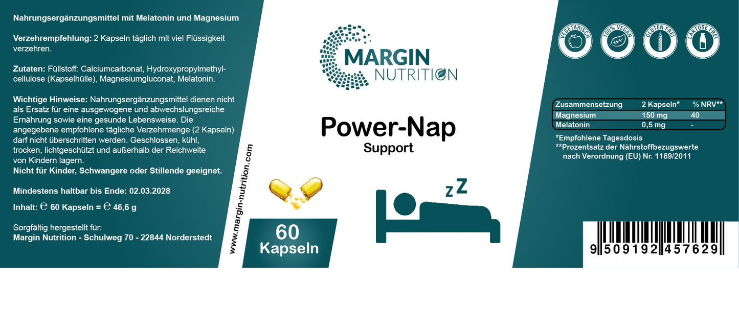Power-Nap Support / Mit Melatonin und Magnesium (30, 60, 2x60, 3x60 Vegane Kapseln)