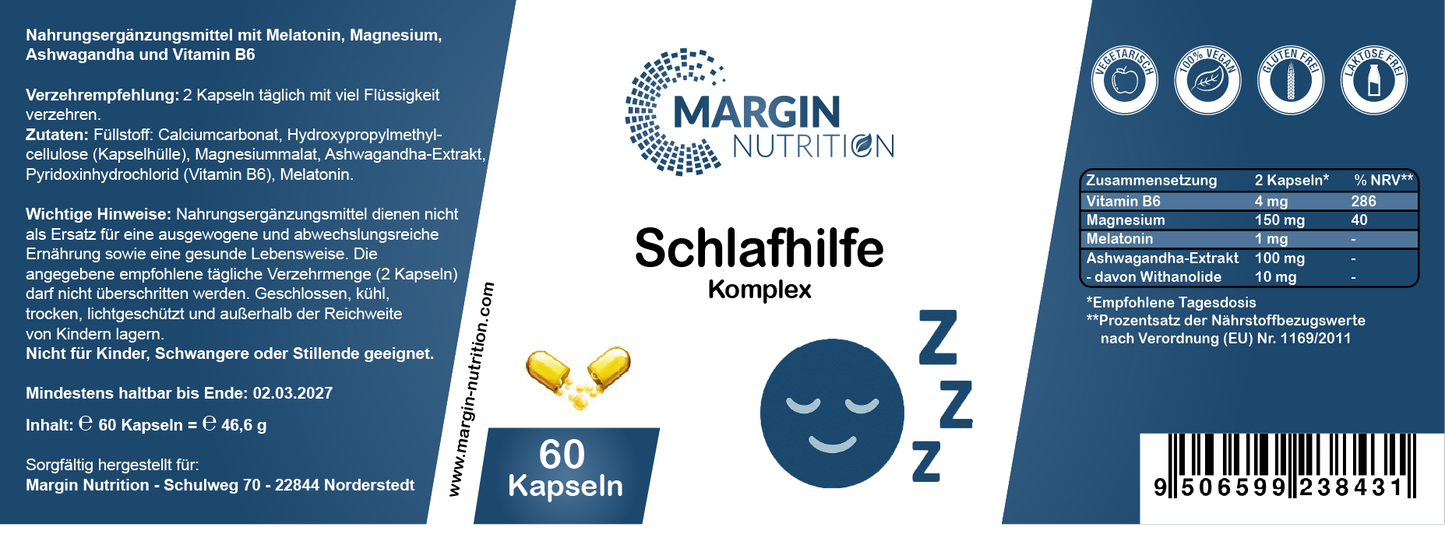 Schlafhilfe Komplex / Mit Melatonin, Magnesium, Ashwagandha und Vitamin B6 (30, 60, 2x60, 3x60 Vegane Kapseln)