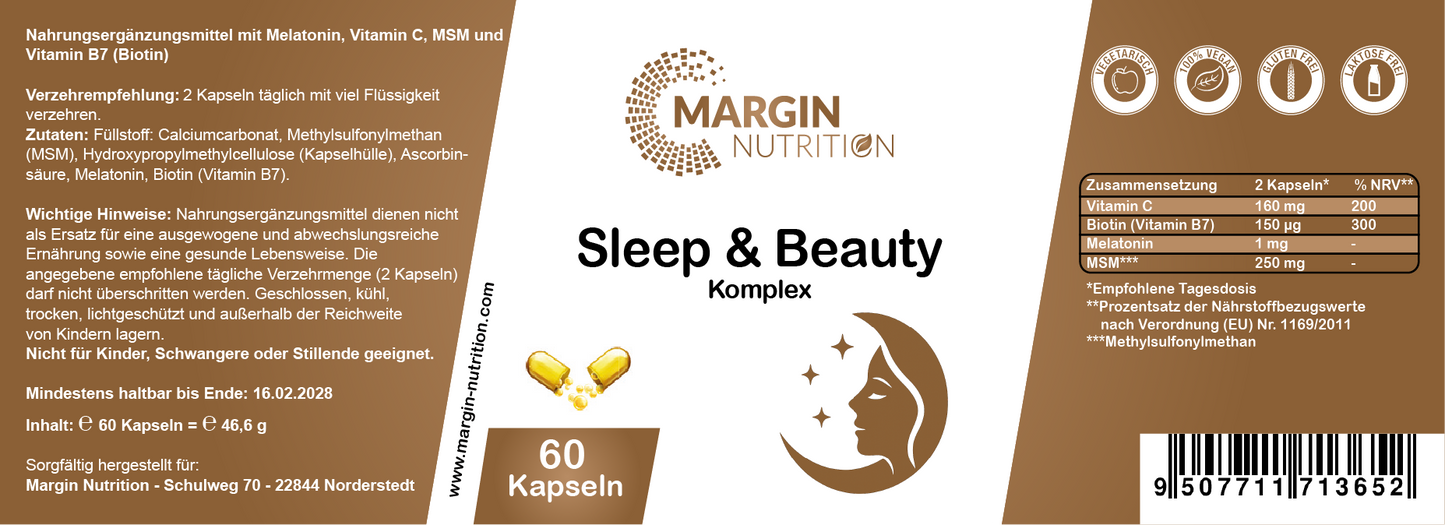 Sleep & Beauty Komplex / Mit Melatonin, Vitamin C, MSM und Vitamin B7 (Biotin) (30, 60, 2x60, 3x60 Vegane Kapseln)