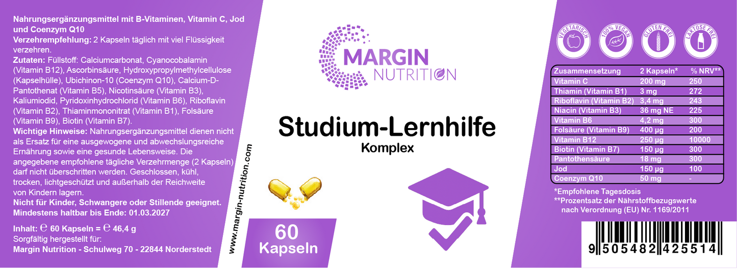 Studium-Lernhilfe Komplex / Mit allen 8 B-Vitaminen, Vitamin C, Jod und Coenzym Q10 (30, 60, 2x60, 3x60 Vegane Kapseln)