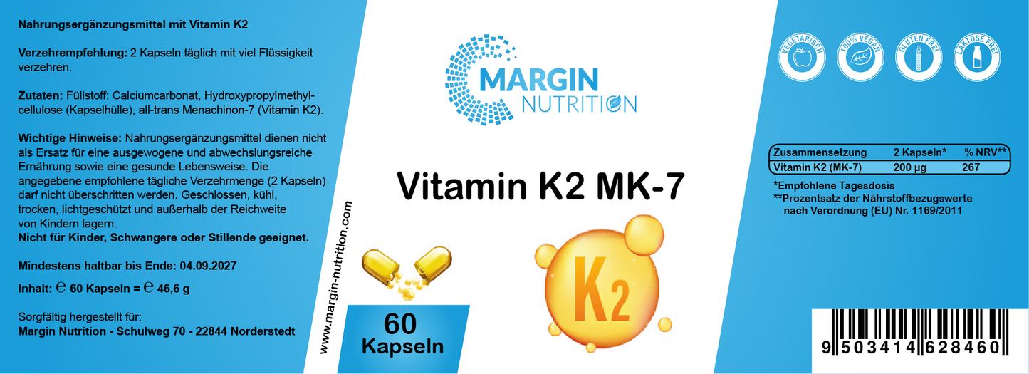 Vitamin K2 MK-7 / Hochdosiert 200 µg pro Tagesdosis (30, 60, 2x60, 3x60 Vegane Kapseln)