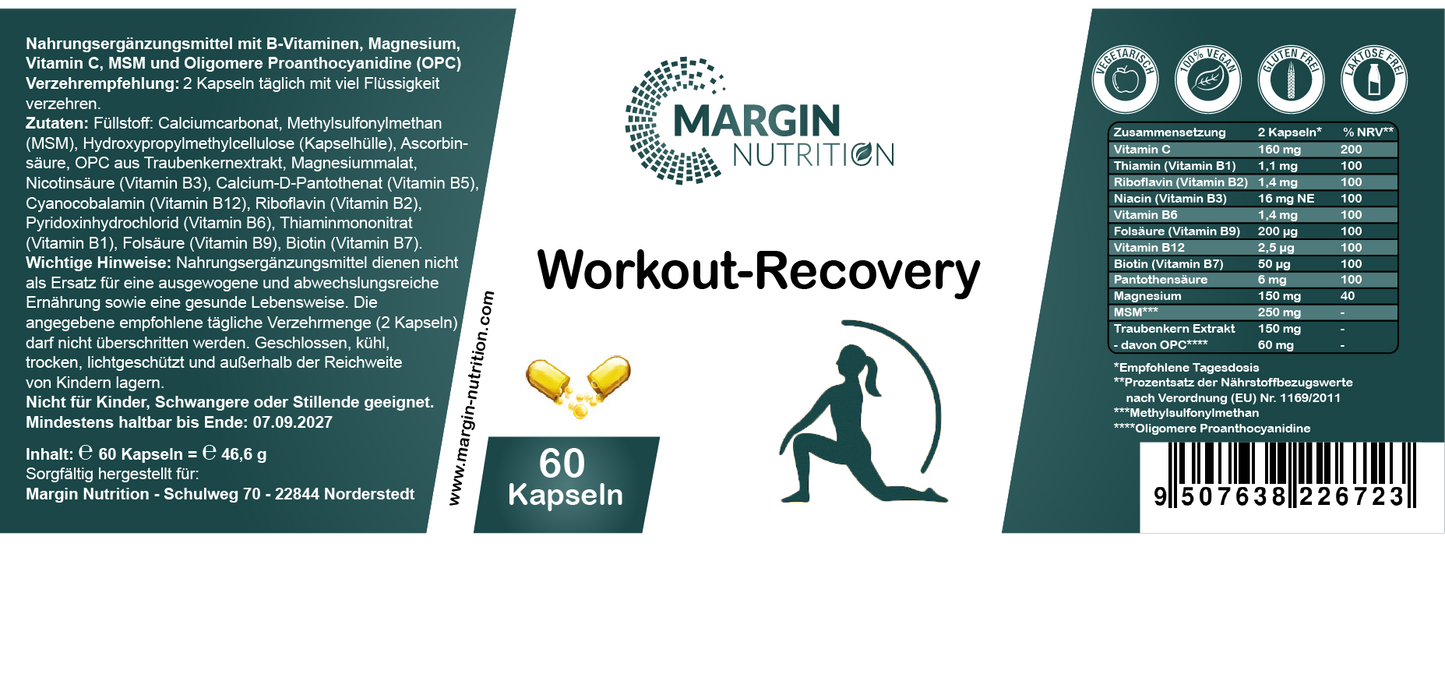 Workout-Recovery / Mit allen 8 B-Vitaminen, Magnesium, Vitamin C, MSM und Oligomere Proanthocyanidine (OPC) (30, 60, 2x60, 3x60 Vegane Kapseln)
