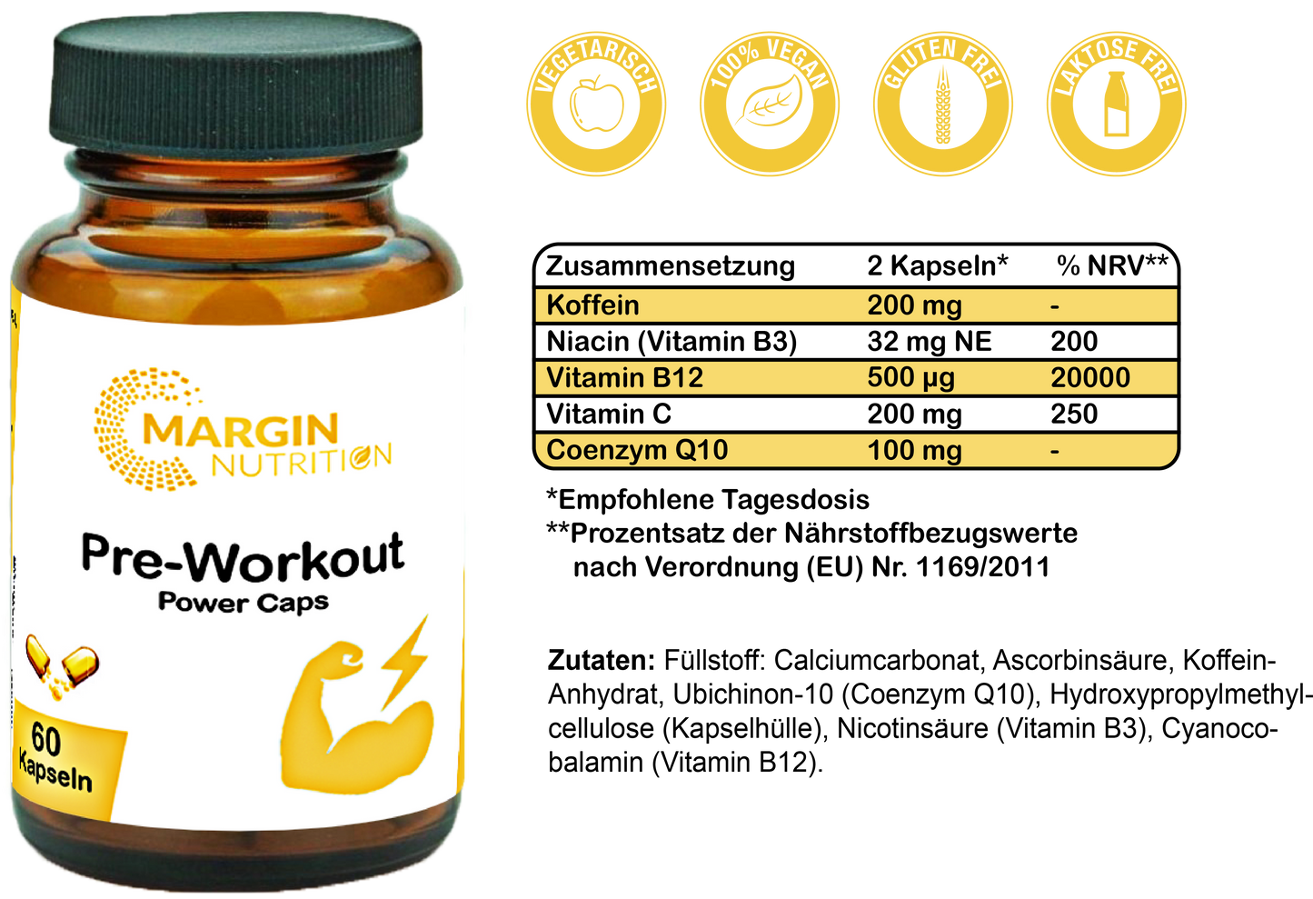 Pre-Workout Power-Caps / Mit Koffein, Vitamin B3 (Niacin), Vitamin B12, Vitamin C und Coenzym Q10 (30, 60, 2x60, 3x60 Vegane Kapseln)