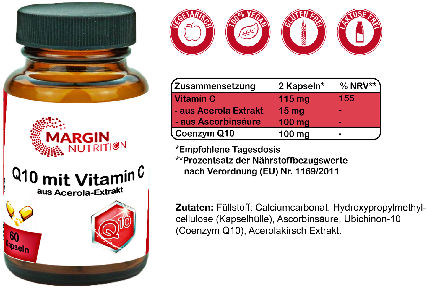 Coenzym Q10 mit Vitamin C aus Acerola-Extrakt / Hochdosiert 100 mg Coenzym Q10 und 115 mg Vitamin C pro Tagesdosis (30, 60, 2x60, 3x60 Vegane Kapseln)