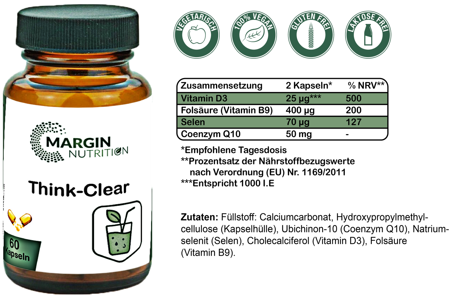 Think-Clear / Mit Vitamin D3, Vitamin B9 (Folsäure), Selen und Coenzym Q10 (30, 60, 2x60, 3x60 Vegane Kapseln)