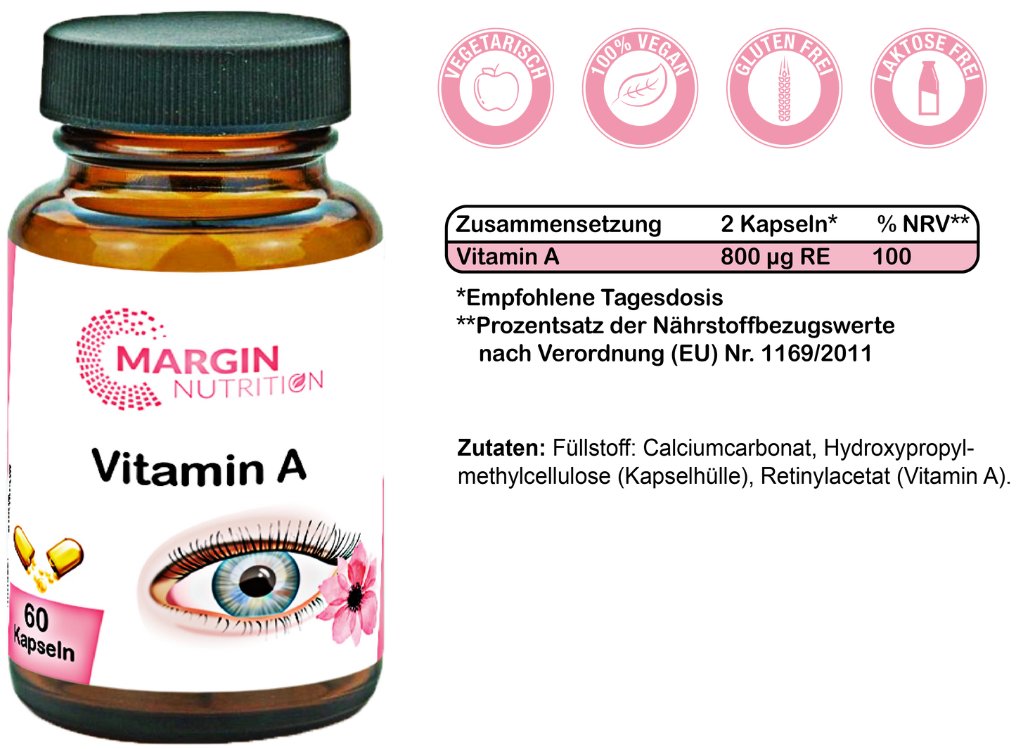 Vitamin A / Hochdosiert 800 µg RE pro Tagesdosis (30, 60, 2x60, 3x60 Vegane Kapseln)