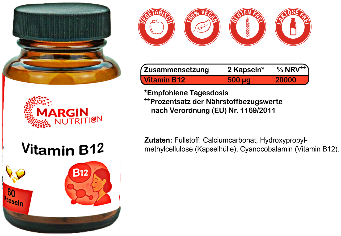 Vitamin B12 / Hochdosiert 500 µg pro Tagesdosis (30, 60, 2x60, 3x60 Vegane Kapseln)
