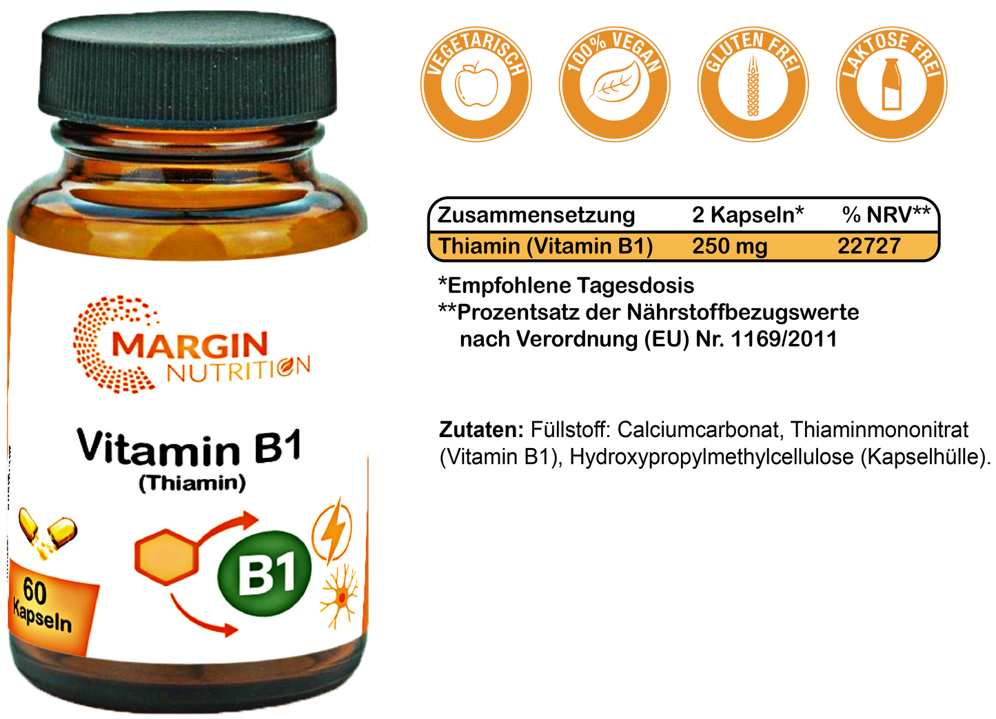 Vitamin B1 (Thiamin) / Hochdosiert 250 mg pro Tagesdosis (30, 60, 2x60, 3x60 Vegane Kapseln)