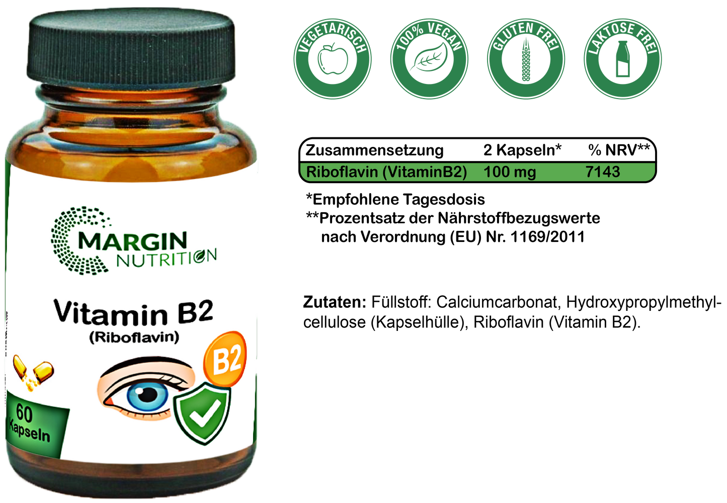 Vitamin B2 (Riboflavin) / Hochdosiert 100 mg pro Tagesdosis (30, 60, 2x60, 3x60 Vegane Kapseln)