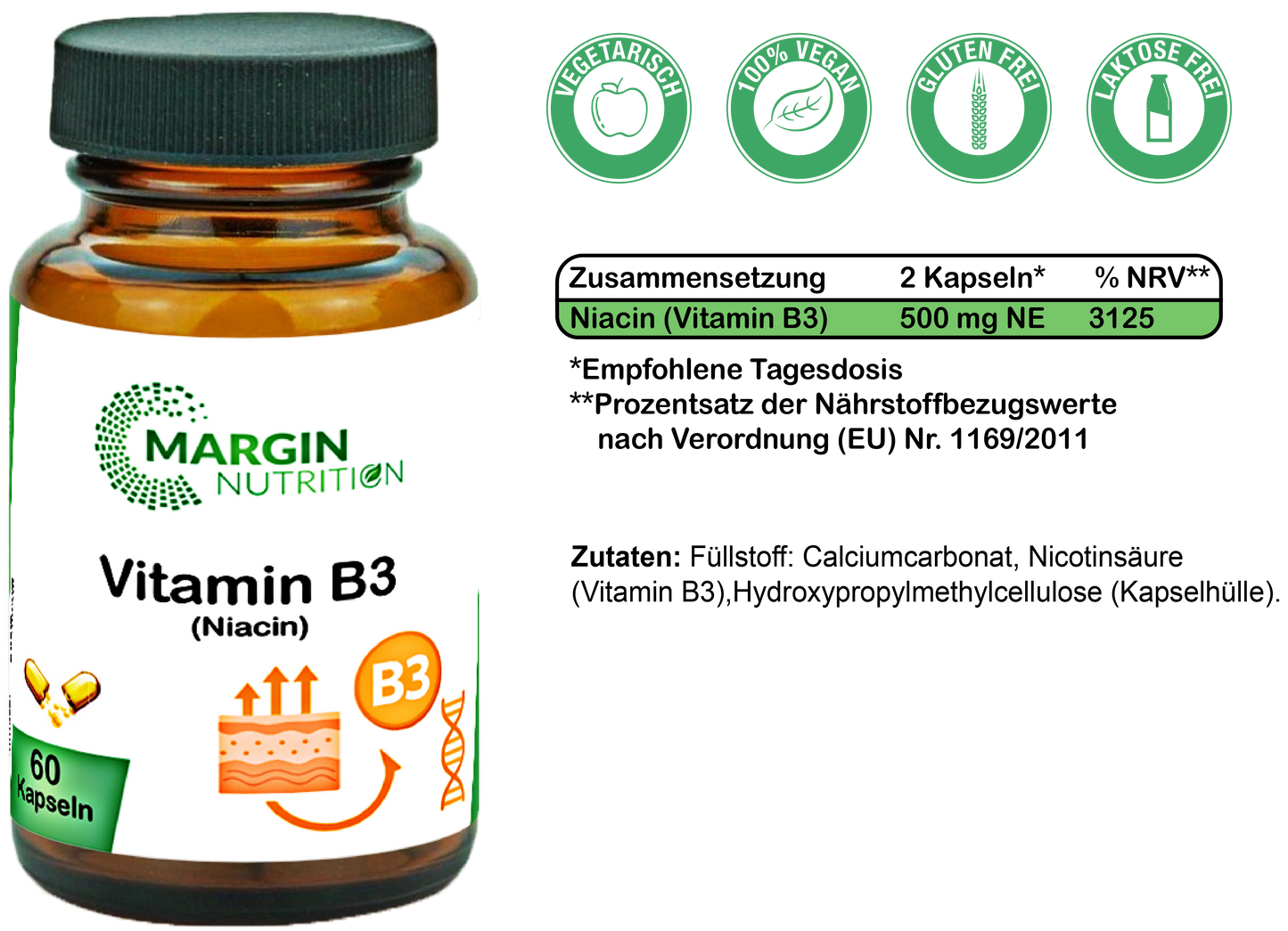Vitamin B3 (Niacin) / Hochdosiert 500 mg NE pro Tagesdosis (30, 60, 2x60, 3x60 Vegane Kapseln)