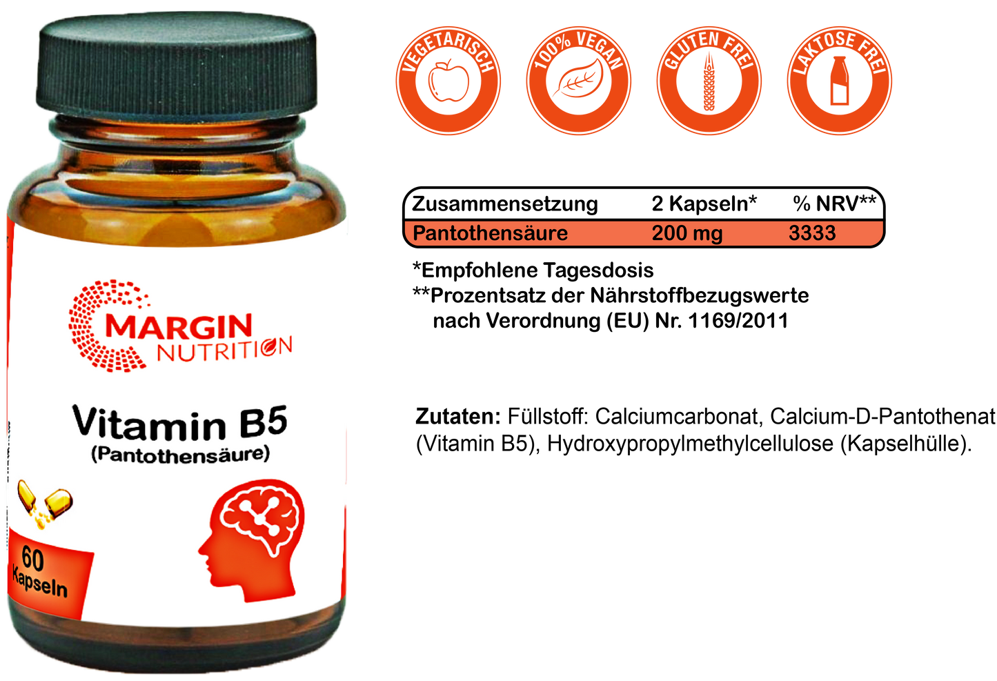 Vitamin B5 (Pantothensäure) / Hochdosiert 200 mg pro Tagesdosis (30, 60, 2x60, 3x60 Vegane Kapseln)