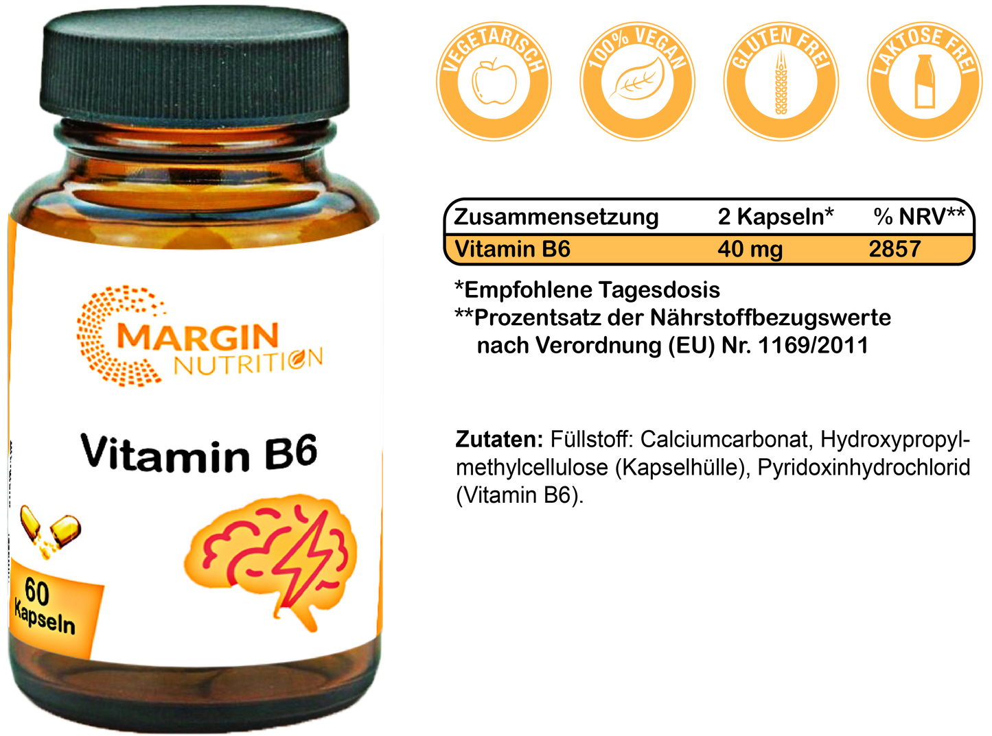 Vitamin B6 / Hochdosiert 40 Mg pro Tagesdosis (30, 60, 2x60, 3x60 Vegane Kapseln)