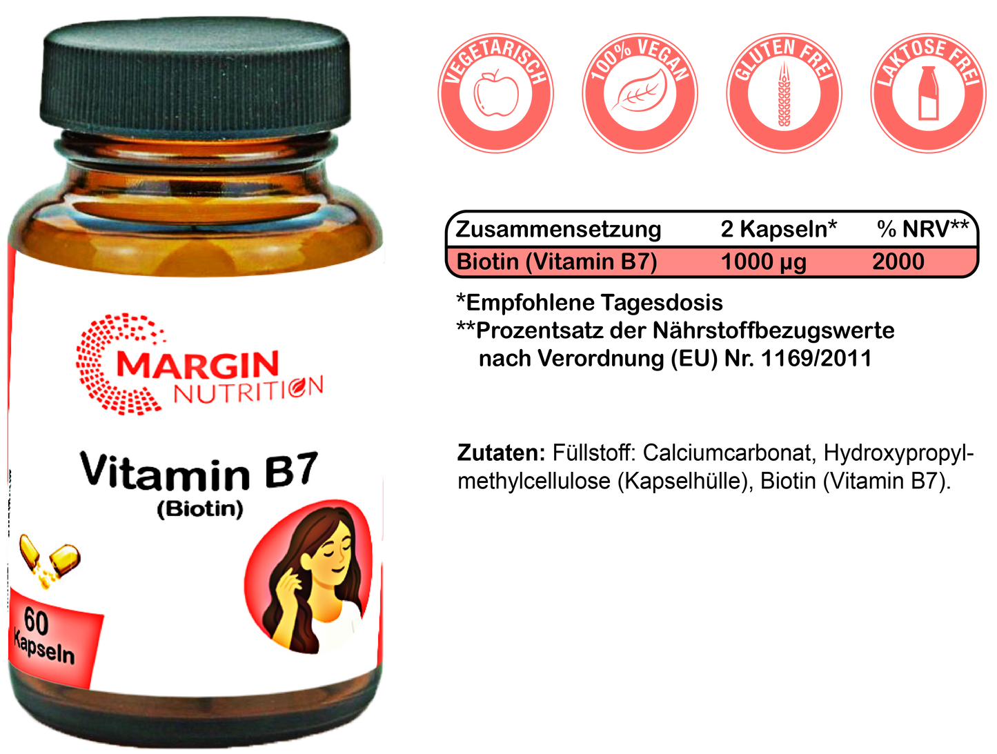 Vitamin B7 (Biotin) / Hochdosiert 1000 µg pro Tagesdosis (30, 60, 2x60, 3x60 Vegane Kapseln)
