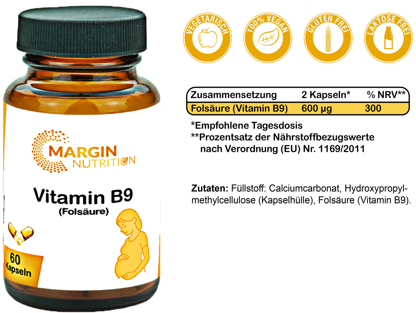 Vitamin B9 (Folsäure) / Hochdosiert 600 µg pro Tagesdosis (30, 60, 2x60, 3x60 Vegane Kapseln)