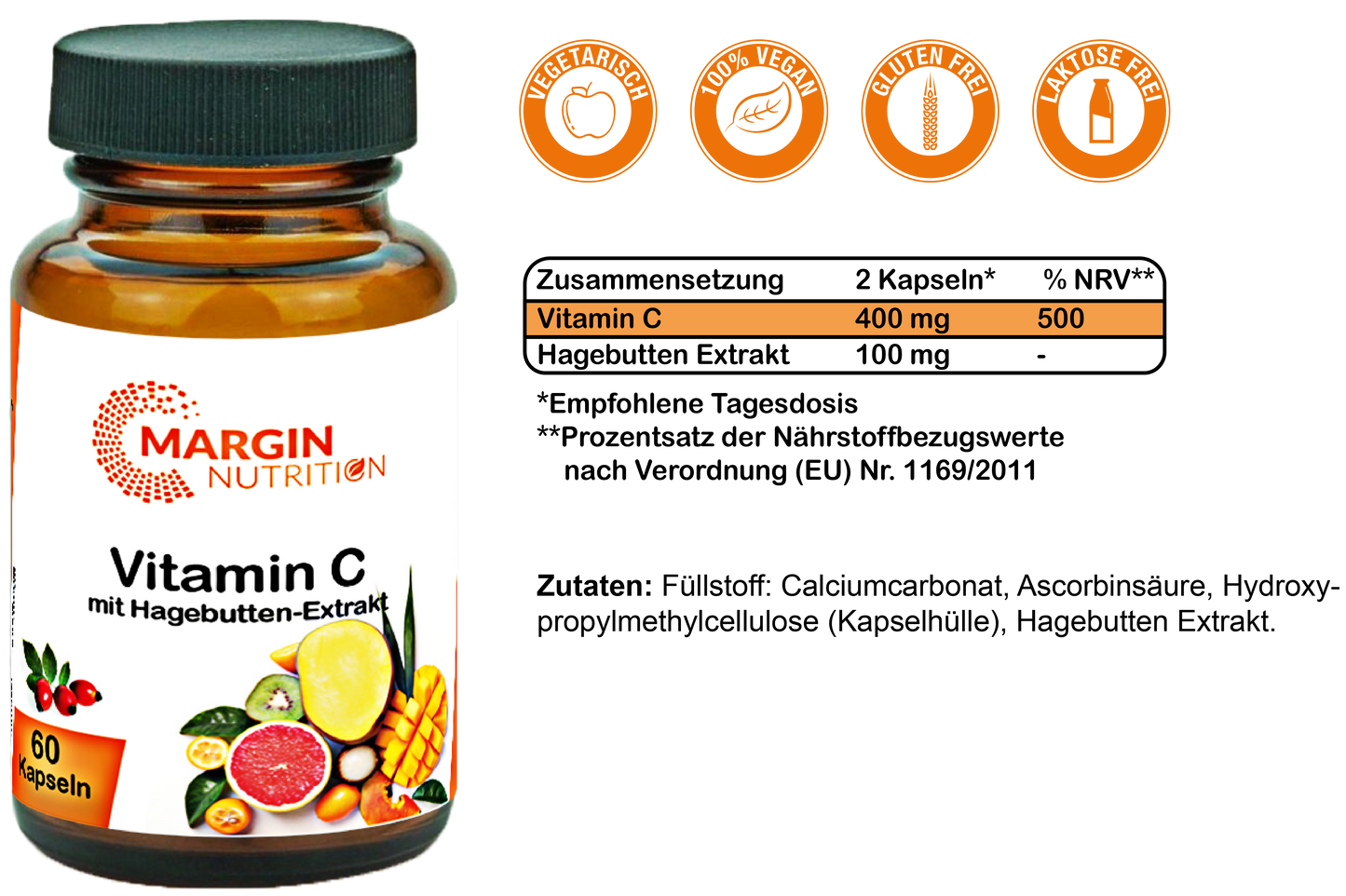 Vitamin C mit Hagebutten-Extrakt / Mit 400 mg Vitamin C und 100 mg Hagebutten-Extrakt pro Tagesdosis (30, 60, 2x60, 3x60 Vegane Kapseln)