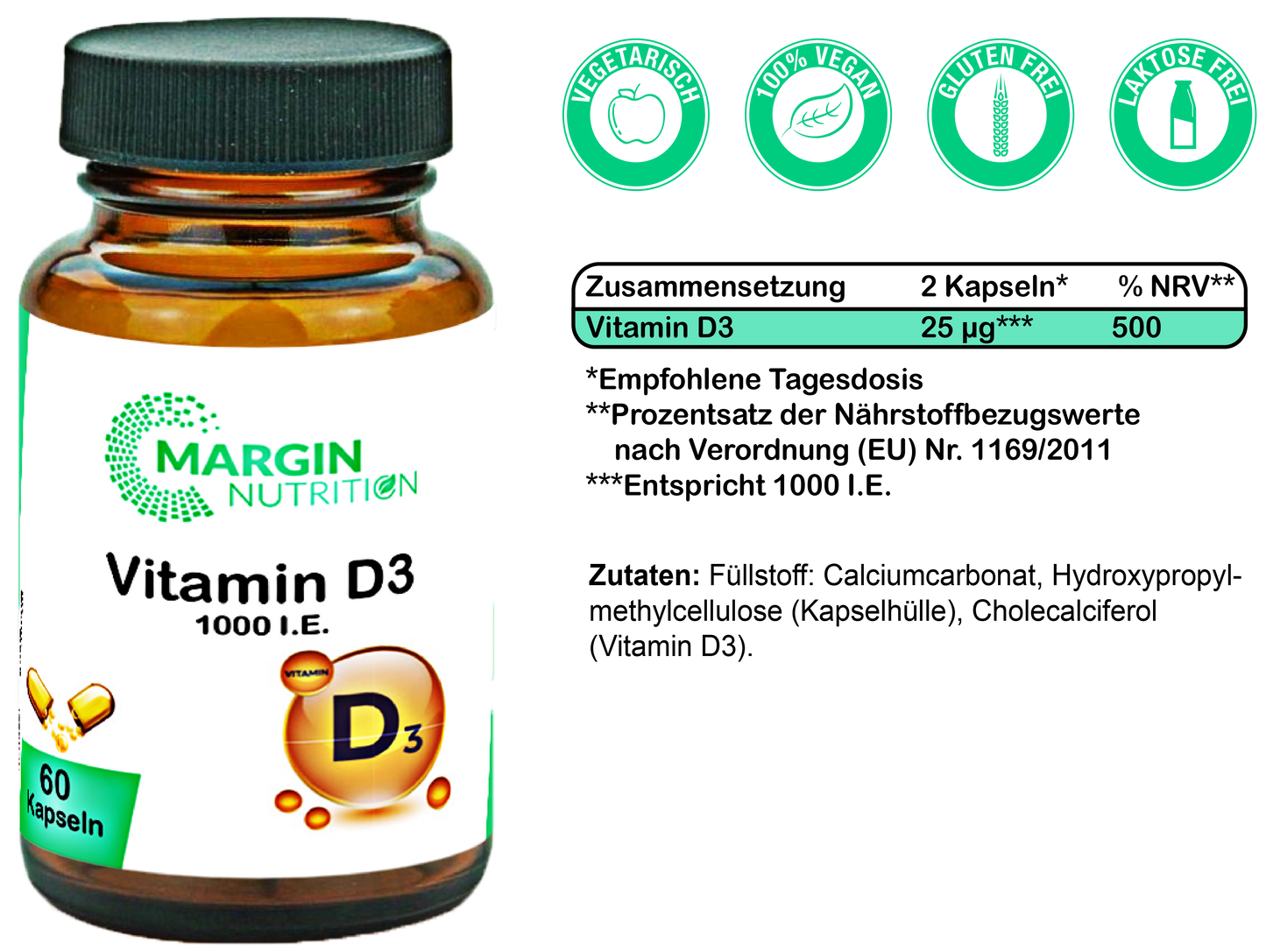 Vitamin D3 / 1000 I.E. pro Tagesdosis (30, 60, 2x60, 3x60 Vegane Kapseln)