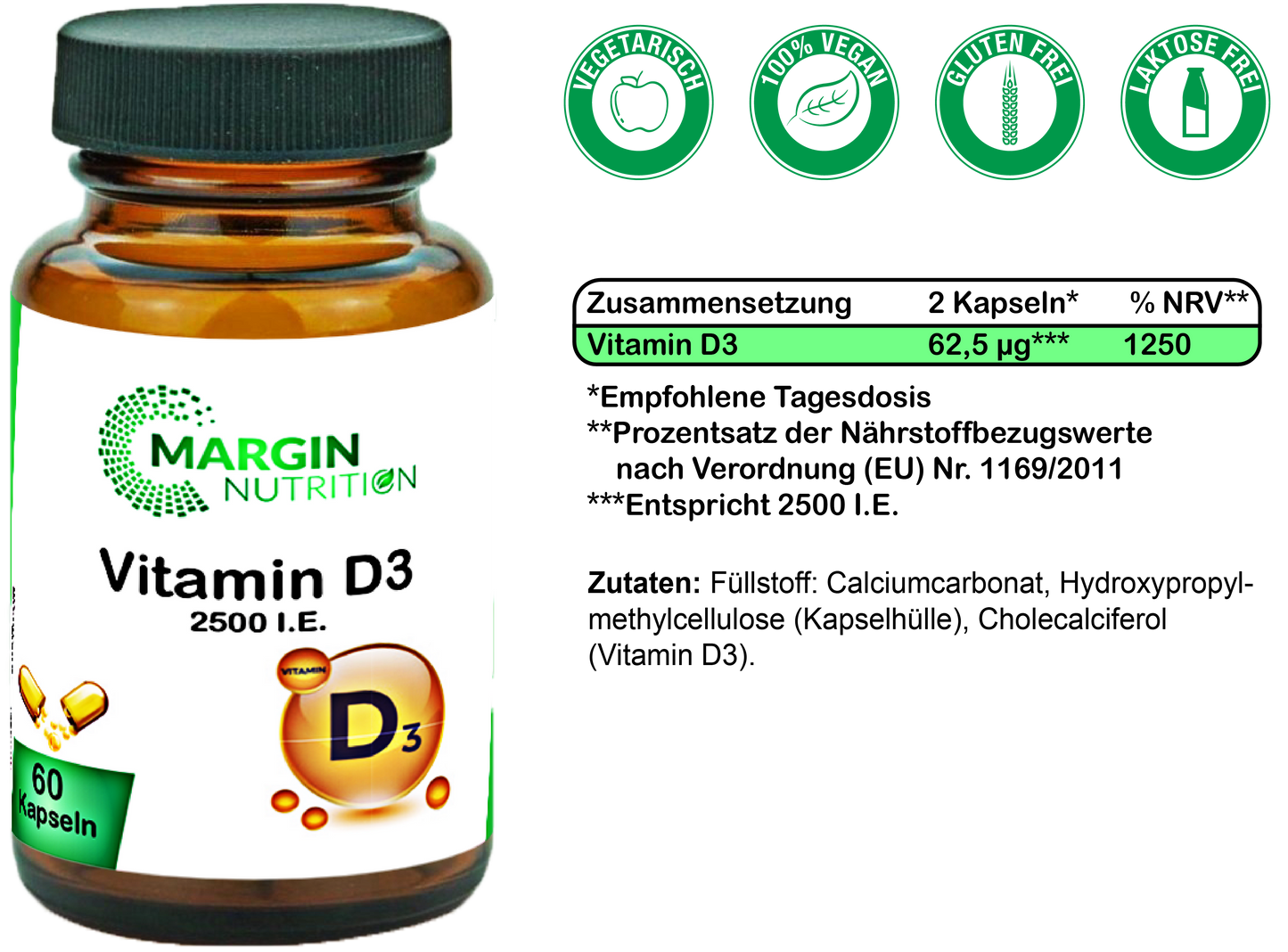 Vitamin D3 / 2.500 I.E. pro Tagesdosis (30, 60, 2x60, 3x60 Vegane Kapseln)