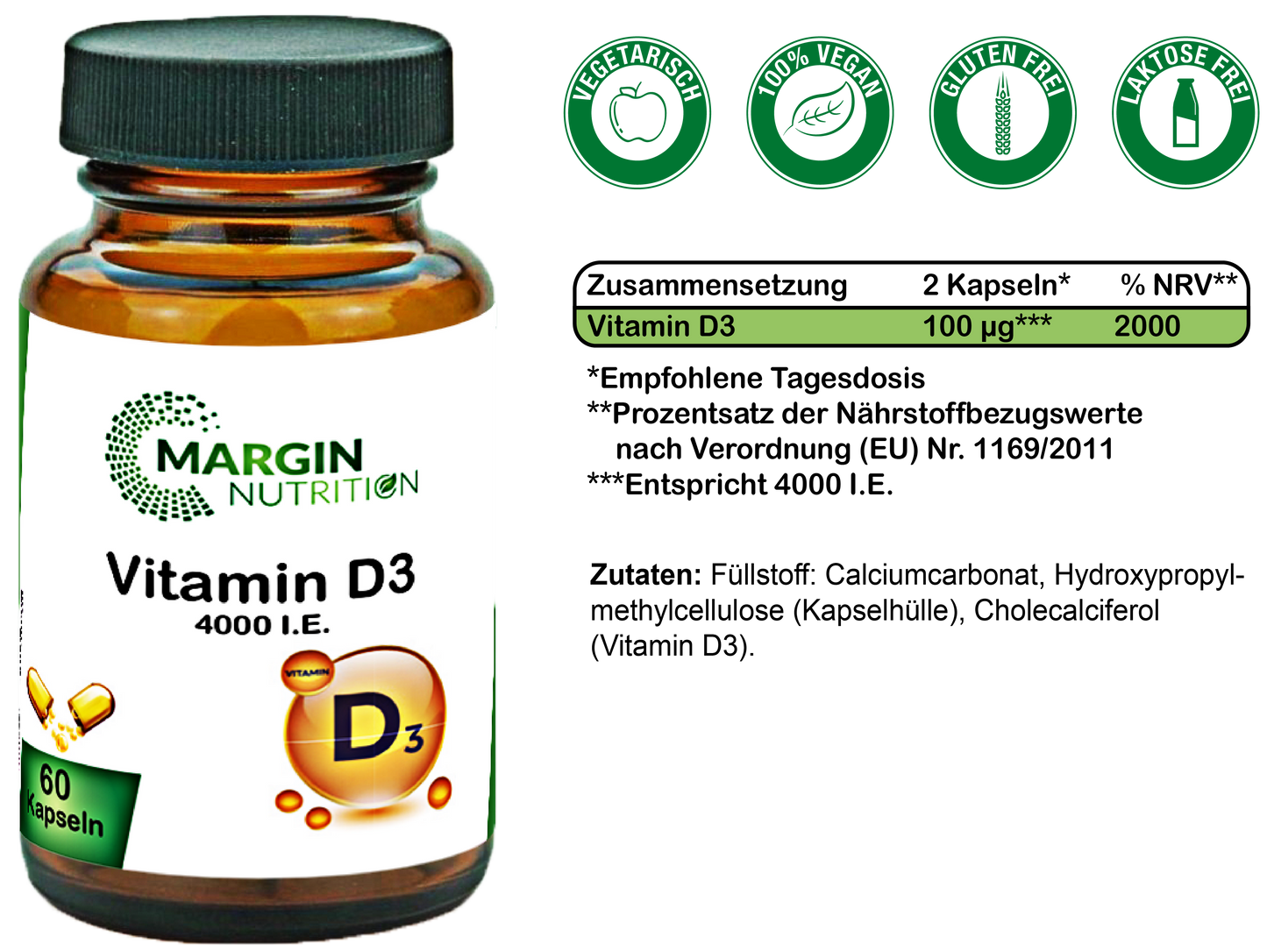 Vitamin D3 / Hochdosiert 4.000 I.E. pro Tagesdosis (30, 60, 2x60, 3x60 Vegane Kapseln)