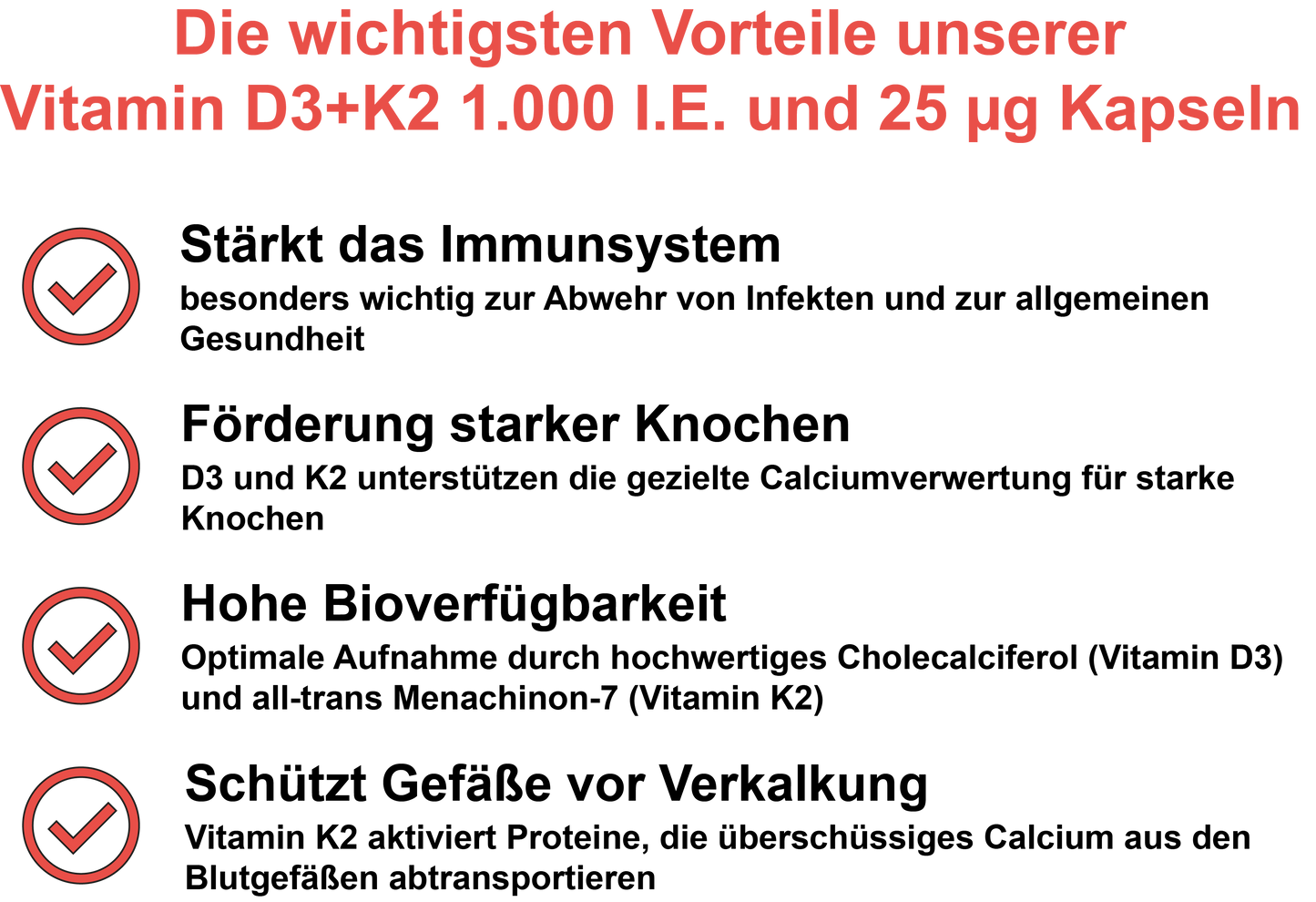 Vitamin D3+K2 MK-7 / 1.000 I.E. Vitamin D3 und 25 µg Vitamin K2 MK-7 pro Tagesdosis (30, 60, 2x60, 3x60 Vegane Kapseln)