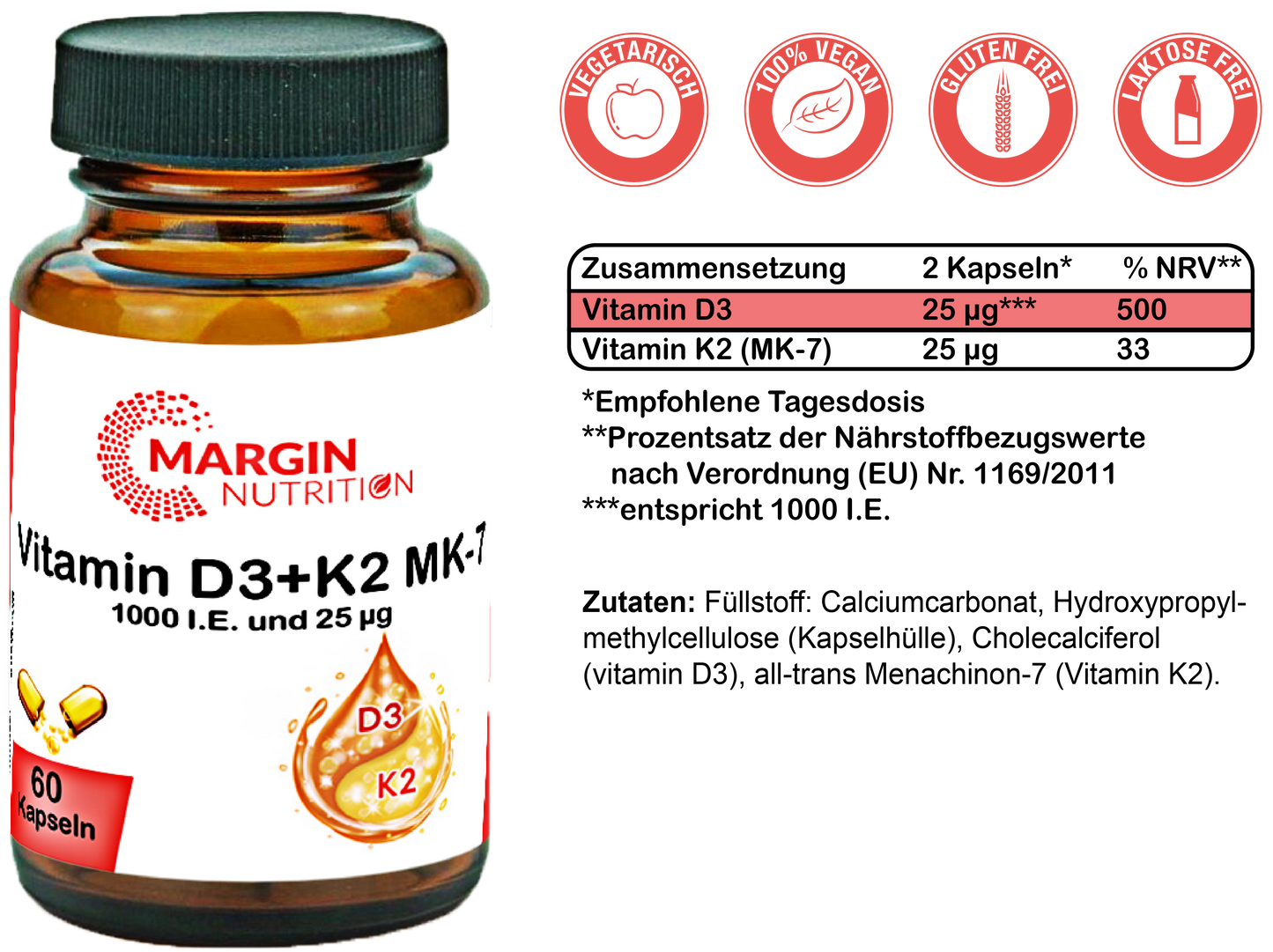 Vitamin D3+K2 MK-7 / 1.000 I.E. Vitamin D3 und 25 µg Vitamin K2 MK-7 pro Tagesdosis (30, 60, 2x60, 3x60 Vegane Kapseln)