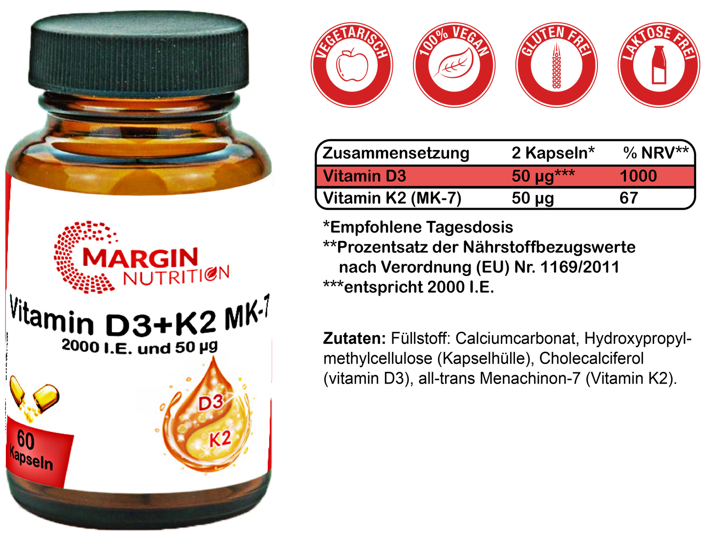 Vitamin D3+K2 MK-7 / 2.000 I.E. Vitamin D3 und 50 µg Vitamin K2 MK-7 pro Tagesdosis (30, 60, 2x60, 3x60 Vegane Kapseln)