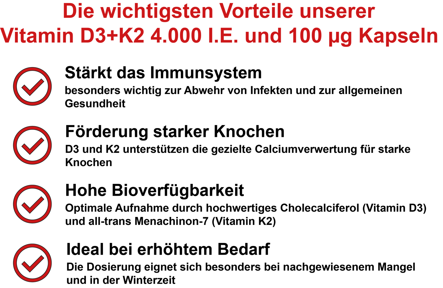 Vitamin D3+K2 MK-7 / Hochdosiert 4.000 I.E. Vitamin D3 und 100 µg Vitamin K2 MK-7 pro Tagesdosis (30, 60, 2x60, 3x60 Vegane Kapseln)