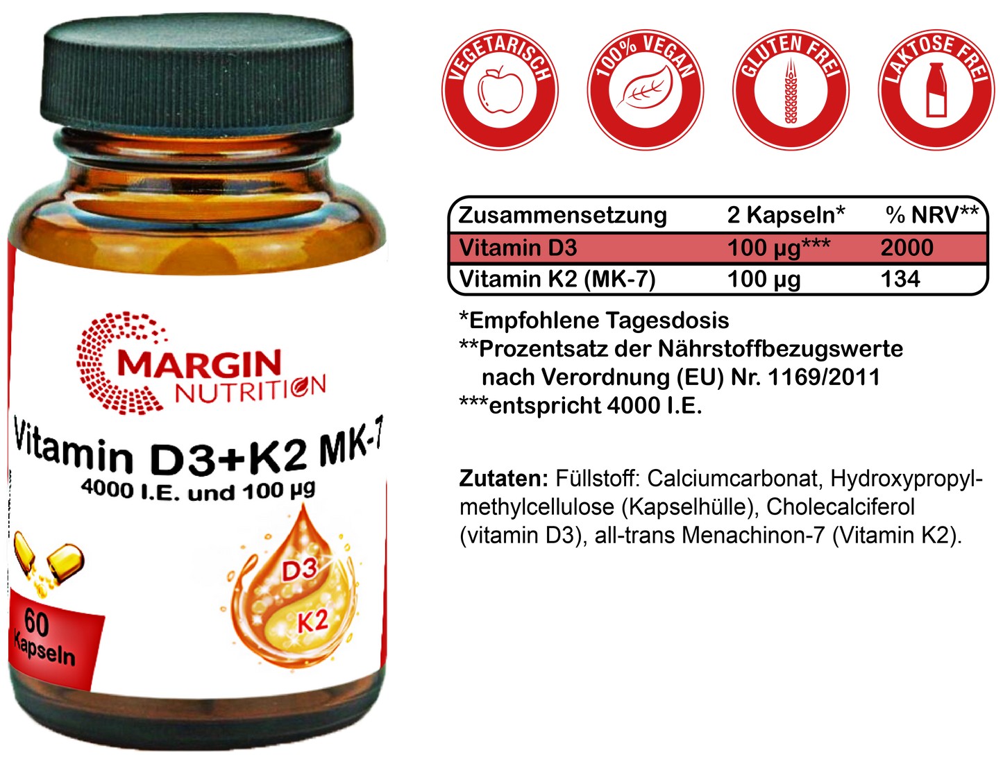 Vitamin D3+K2 MK-7 / Hochdosiert 4.000 I.E. Vitamin D3 und 100 µg Vitamin K2 MK-7 pro Tagesdosis (30, 60, 2x60, 3x60 Vegane Kapseln)