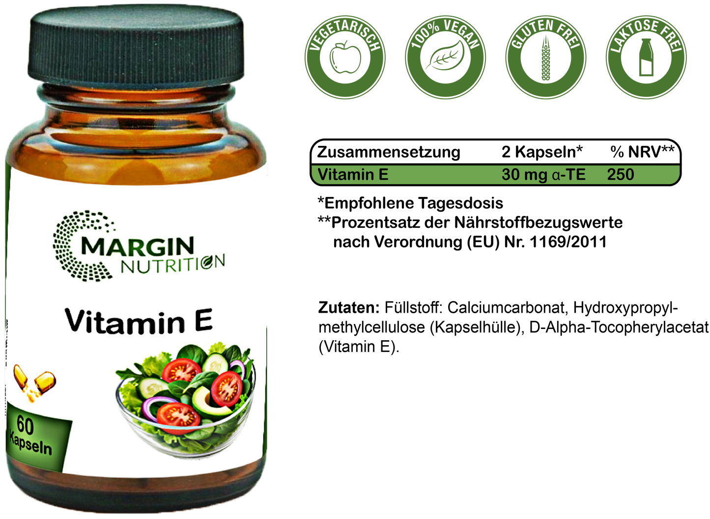 Vitamin E / Hochdosiert 30 mg α-TE pro Tagesdosis (30, 60, 2x60, 3x60 Vegane Kapseln)