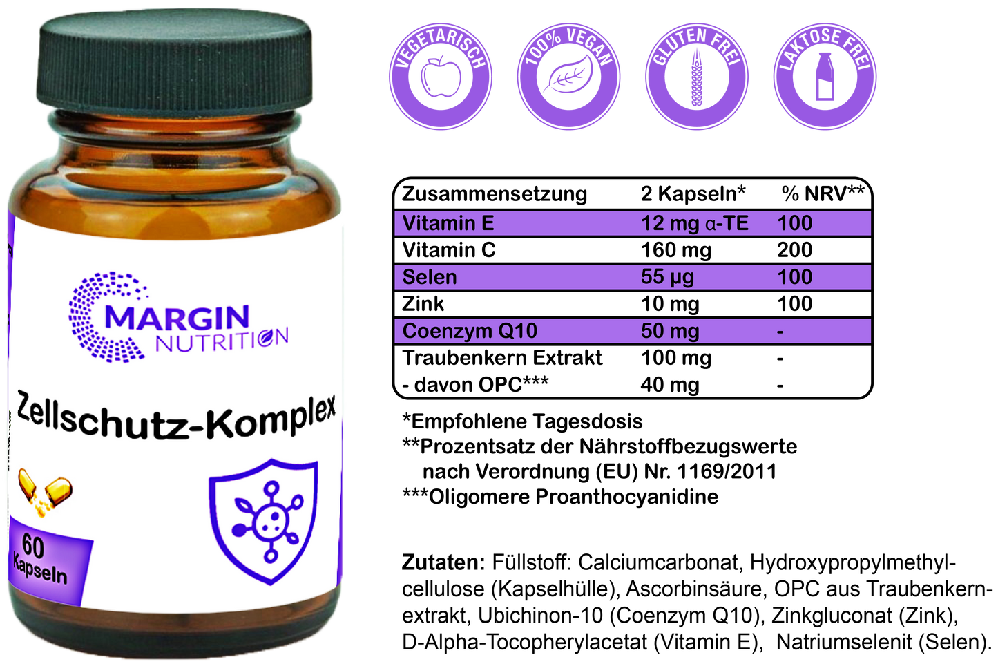 Zellschutz-Komplex / Mit Vitamin E, Vitamin C, Zink, Selen, Coenzym Q10 und Oligomere Proanthocyanidine (OPC) (30, 60, 2x60, 3x60 Vegane Kapseln)
