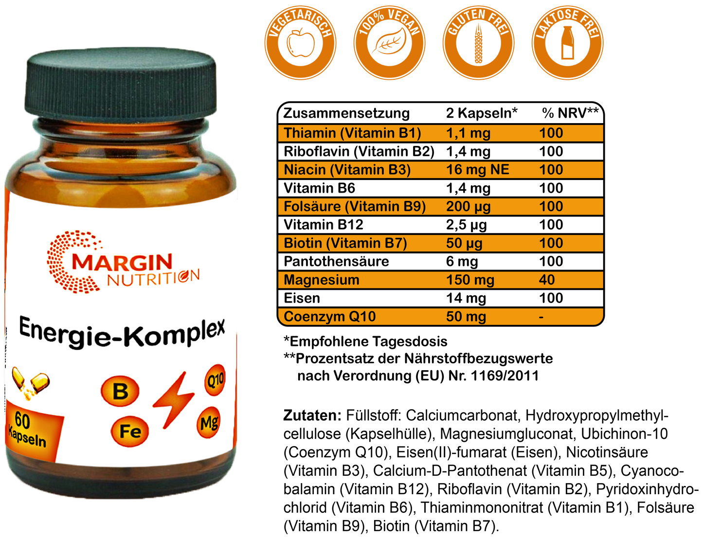 Energie-Komplex / Mit allen 8 B-Vitaminen, Magnesium, Eisen und Coenzym Q10 (30, 60, 2x60, 3x60 Vegane Kapseln)