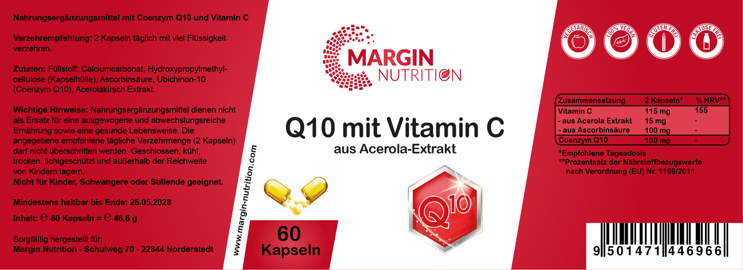 Coenzym Q10 mit Vitamin C aus Acerola-Extrakt / Hochdosiert 100 mg Coenzym Q10 und 115 mg Vitamin C pro Tagesdosis (30, 60, 2x60, 3x60 Vegane Kapseln)