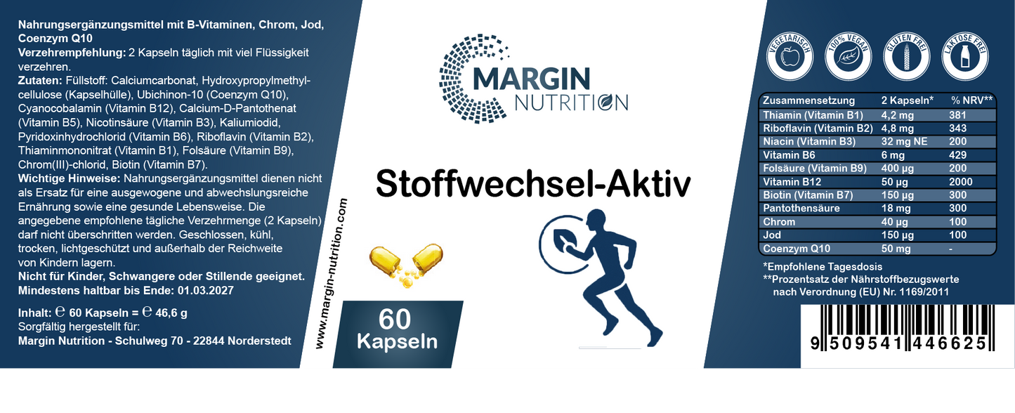 Stoffwechsel-Aktiv / Mit allen 8 B-Vitaminen, Chrom, Jod und Coenzym Q10 (30, 60, 2x60, 3x60 Vegane Kapseln)