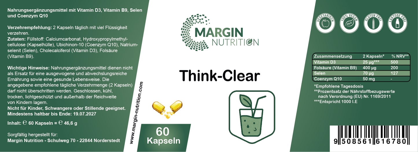 Think-Clear / Mit Vitamin D3, Vitamin B9 (Folsäure), Selen und Coenzym Q10 (30, 60, 2x60, 3x60 Vegane Kapseln)