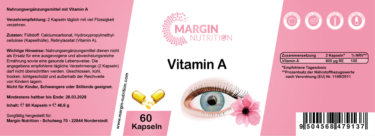 Vitamin A / Hochdosiert 800 µg RE pro Tagesdosis (30, 60, 2x60, 3x60 Vegane Kapseln)