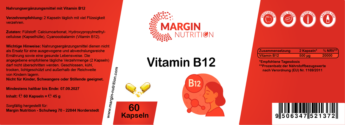 Vitamin B12 / Hochdosiert 500 µg pro Tagesdosis (30, 60, 2x60, 3x60 Vegane Kapseln)