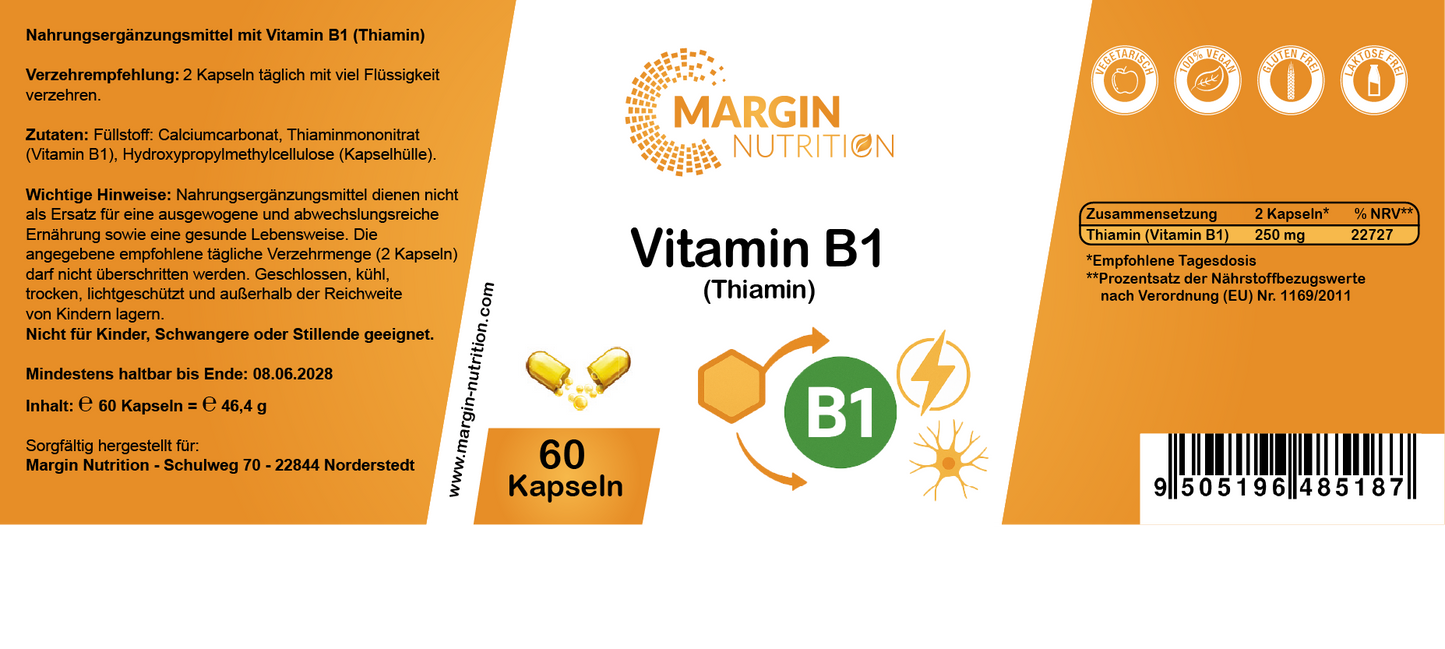 Vitamin B1 (Thiamin) / Hochdosiert 250 mg pro Tagesdosis (30, 60, 2x60, 3x60 Vegane Kapseln)