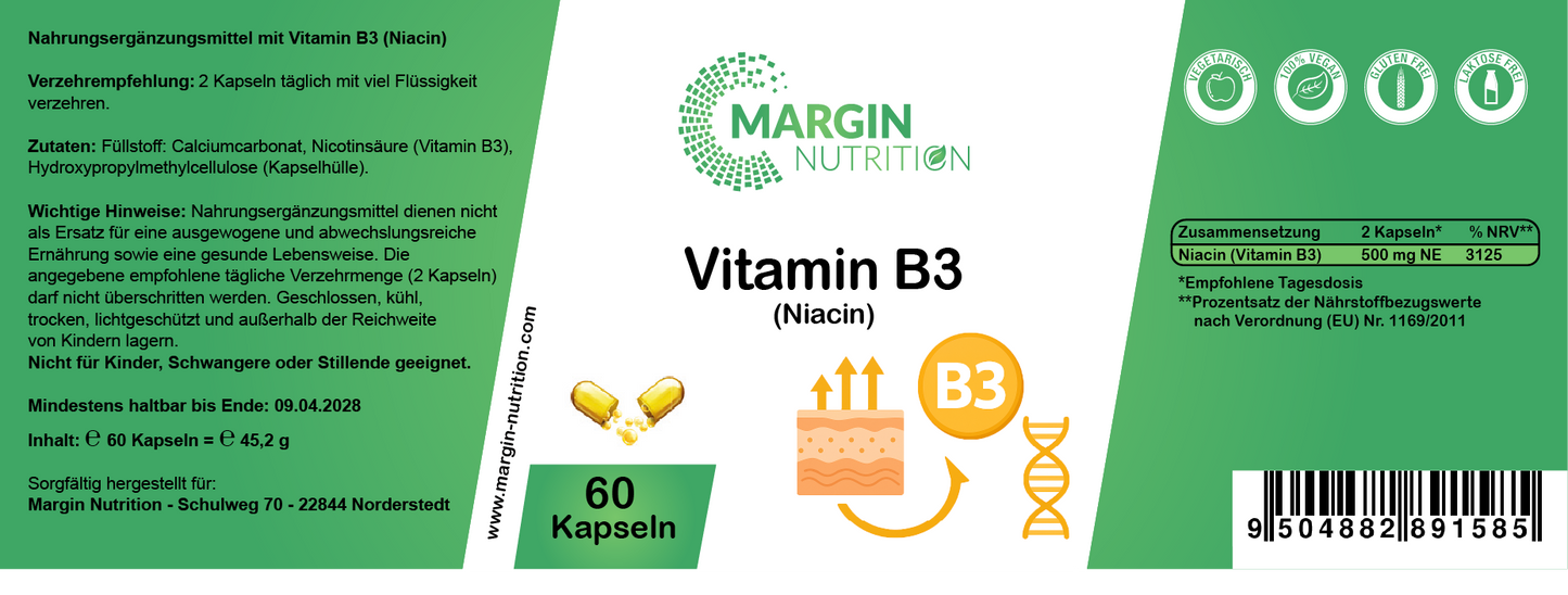 Vitamin B3 (Niacin) / Hochdosiert 500 mg NE pro Tagesdosis (30, 60, 2x60, 3x60 Vegane Kapseln)