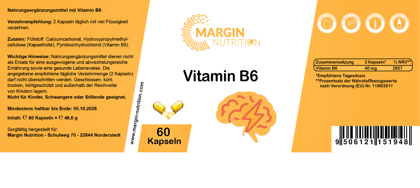 Vitamin B6 / Hochdosiert 40 Mg pro Tagesdosis (30, 60, 2x60, 3x60 Vegane Kapseln)