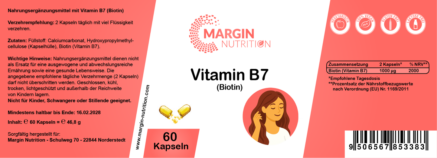 Vitamin B7 (Biotin) / Hochdosiert 1000 µg pro Tagesdosis (30, 60, 2x60, 3x60 Vegane Kapseln)