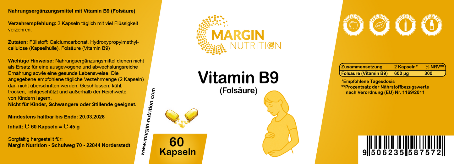 Vitamin B9 (Folsäure) / Hochdosiert 600 µg pro Tagesdosis (30, 60, 2x60, 3x60 Vegane Kapseln)