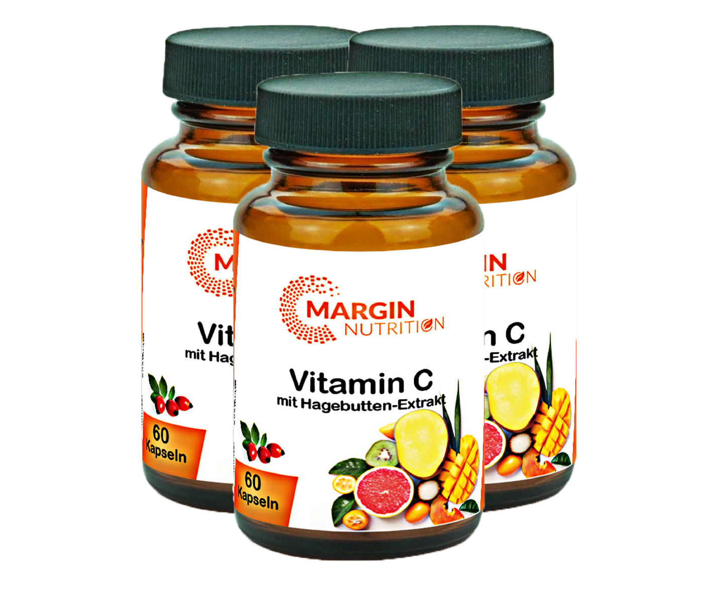 Vitamin C mit Hagebutten-Extrakt / Mit 400 mg Vitamin C und 100 mg Hagebutten-Extrakt pro Tagesdosis (30, 60, 2x60, 3x60 Vegane Kapseln)