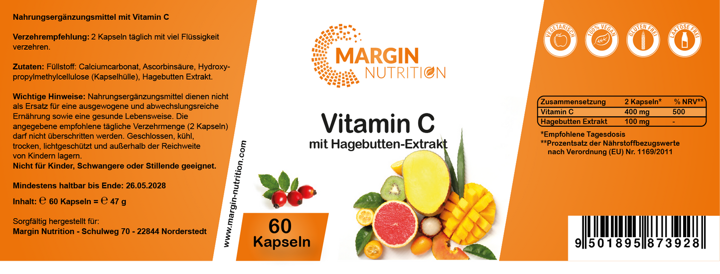 Vitamin C mit Hagebutten-Extrakt / Mit 400 mg Vitamin C und 100 mg Hagebutten-Extrakt pro Tagesdosis (30, 60, 2x60, 3x60 Vegane Kapseln)
