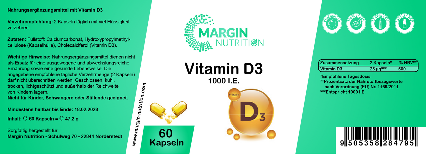 Vitamin D3 / 1000 I.E. pro Tagesdosis (30, 60, 2x60, 3x60 Vegane Kapseln)