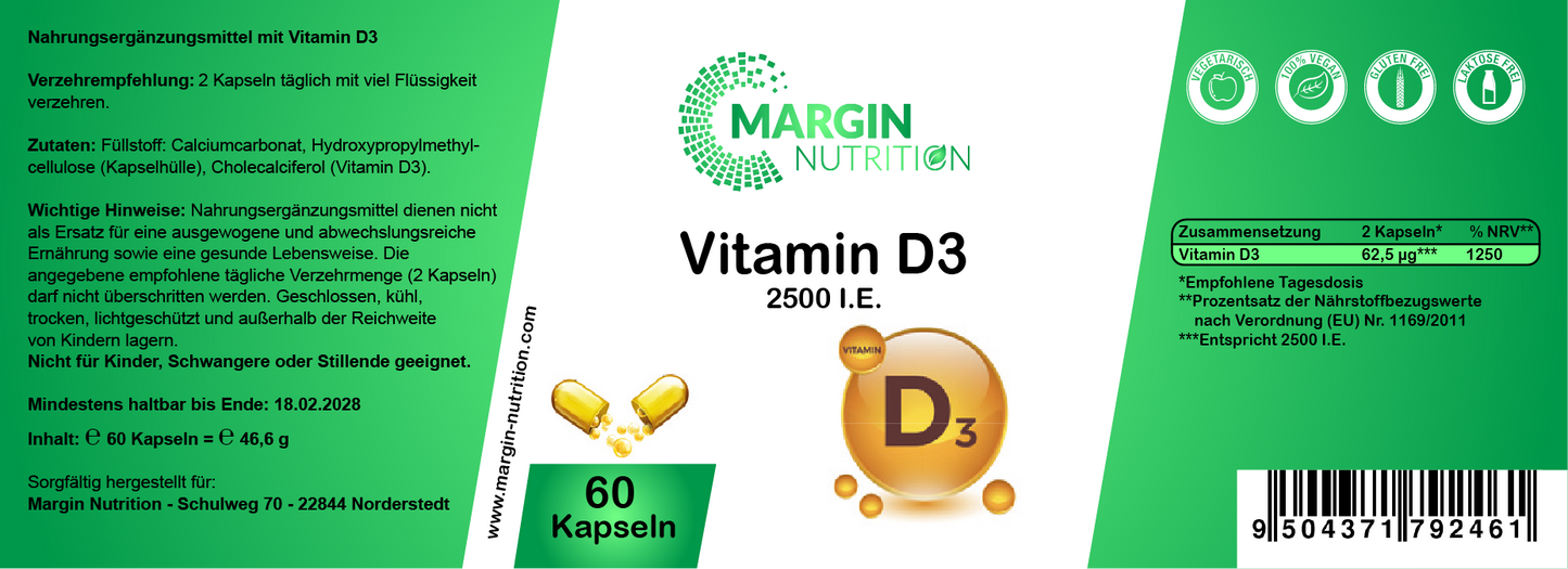 Vitamin D3 / 2.500 I.E. pro Tagesdosis (30, 60, 2x60, 3x60 Vegane Kapseln)