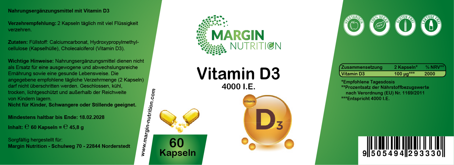Vitamin D3 / Hochdosiert 4.000 I.E. pro Tagesdosis (30, 60, 2x60, 3x60 Vegane Kapseln)