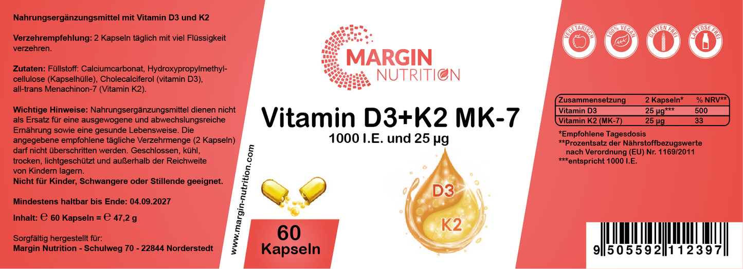 Vitamin D3+K2 MK-7 / 1.000 I.E. Vitamin D3 und 25 µg Vitamin K2 MK-7 pro Tagesdosis (30, 60, 2x60, 3x60 Vegane Kapseln)