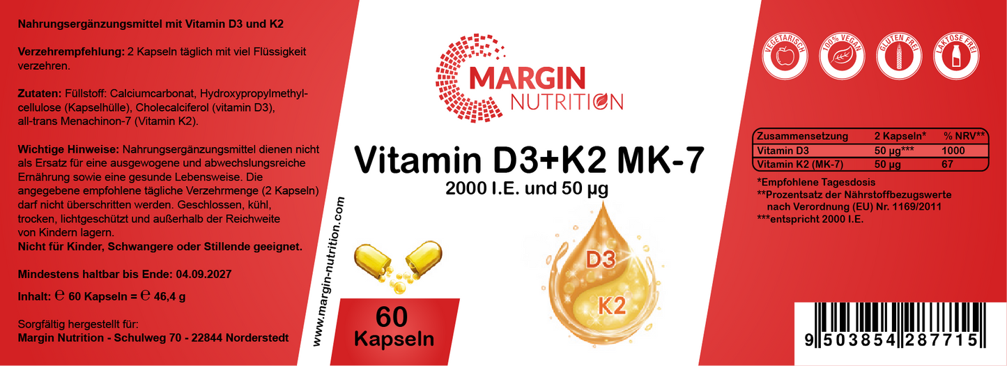 Vitamin D3+K2 MK-7 / 2.000 I.E. Vitamin D3 und 50 µg Vitamin K2 MK-7 pro Tagesdosis (30, 60, 2x60, 3x60 Vegane Kapseln)