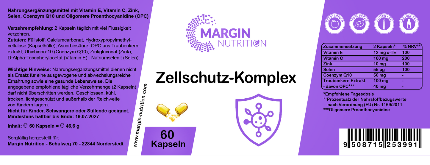 Zellschutz-Komplex / Mit Vitamin E, Vitamin C, Zink, Selen, Coenzym Q10 und Oligomere Proanthocyanidine (OPC) (30, 60, 2x60, 3x60 Vegane Kapseln)